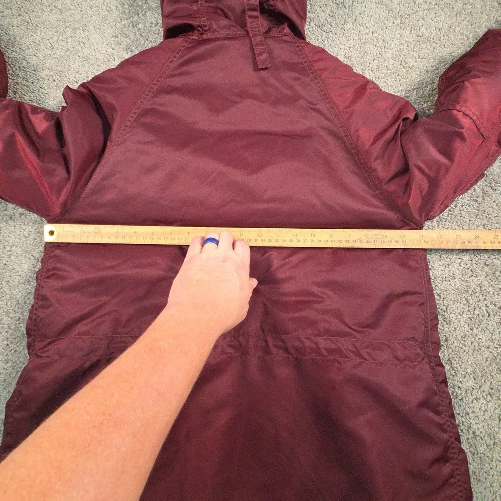 American Eagle Parka Coat Womens S Burgundy Long Faux Sherpa Fur Hood Utility